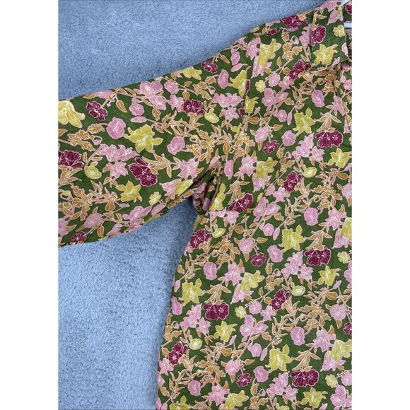 Cynthia Rowley 100% Linen European Flax Green Pink Floral Side Slits Blouse 2X - Picture 5 of 8